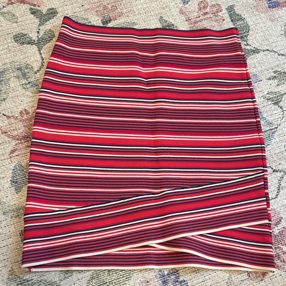 BCBGMaxAzria Red and Pink Striped Pencil Skirt